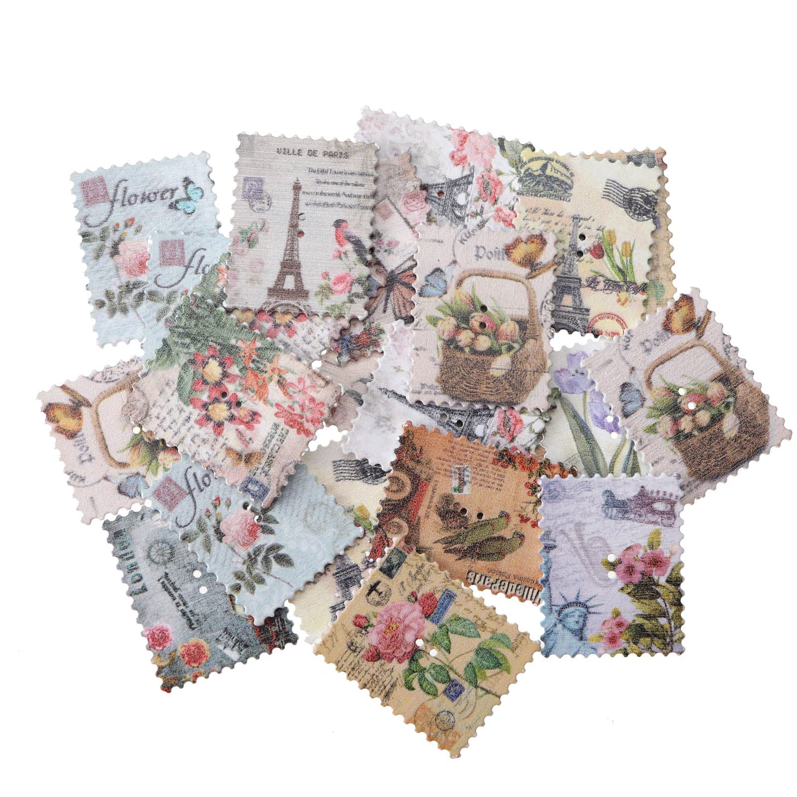 50PCS Wooden Buttons Vintage Stamp Badge Buttons Flower Scenery Buttons Embellishment 2 Holes for DIY Crafting Scrapbook Card Making Decoration