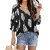 Triratna Womens Summer Blouses Flowy Casual V-Neck Front Tie Tops 3/4 Sleeve with Elastic Cuffs Vacation Shirts Boho