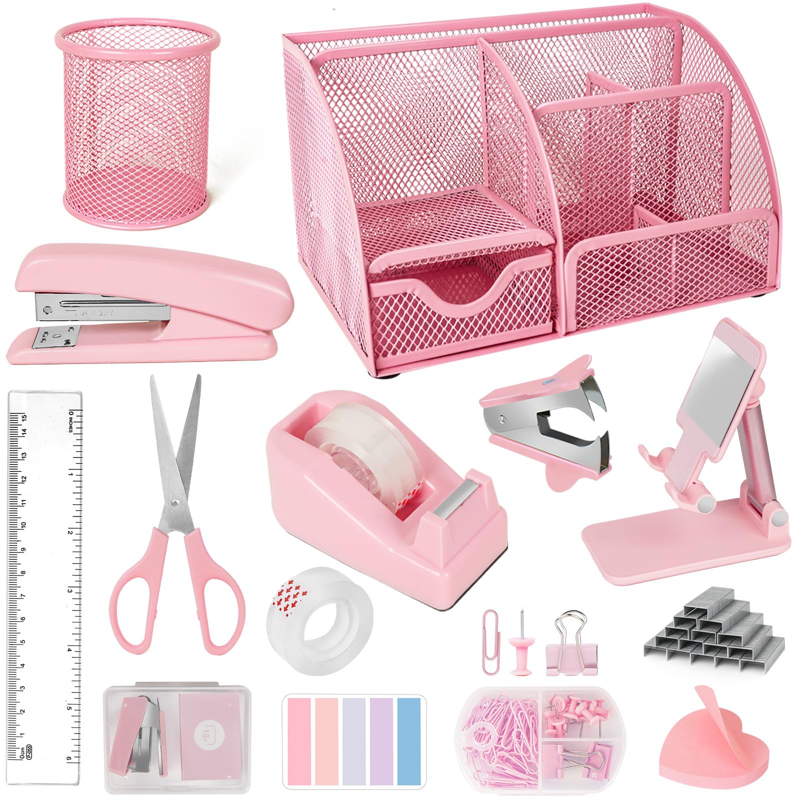 Desk Organizers and Accessories, Office Supplies 15PS Set with Stapler, Staple Remover, Pen Holder, Clips Set, Tape Dispenser, Tape, Phone Holder, 1000 Staples, Ruler, Scissors （Pink）