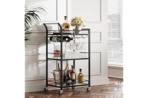 TUTOTAK Bar Cart, Home Bar Serving Cart with 3-Tier Mirrored Shelf, Wine Cart, Drink Cart, Mobile Kitchen Shelf, Black BC01BK
