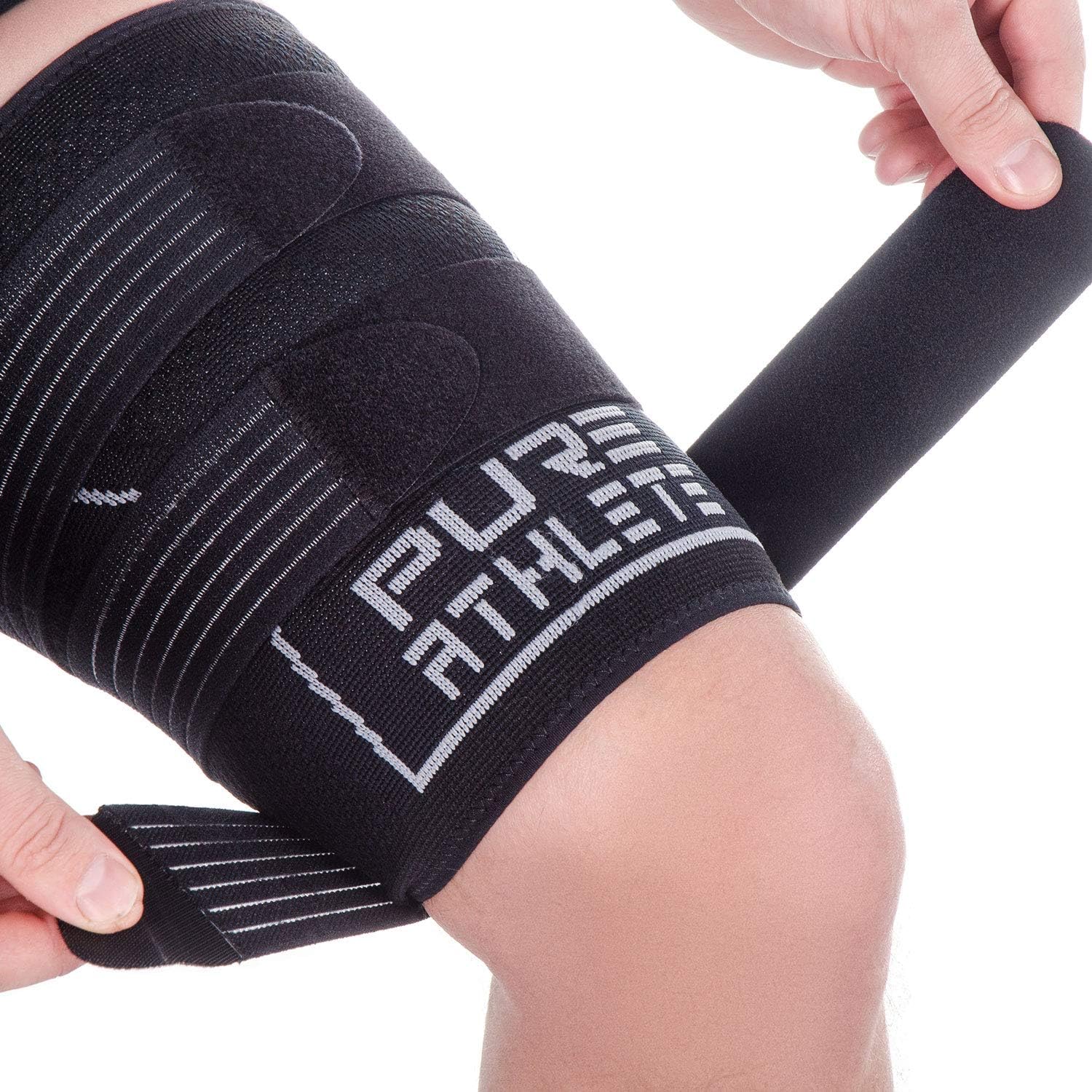 Thigh Compression Sleeve – Adjustable Straps Quad Wrap Support Brace, Hamstring Upper Leg (1 Sleeve - Black, Small): Sports & Outdoors