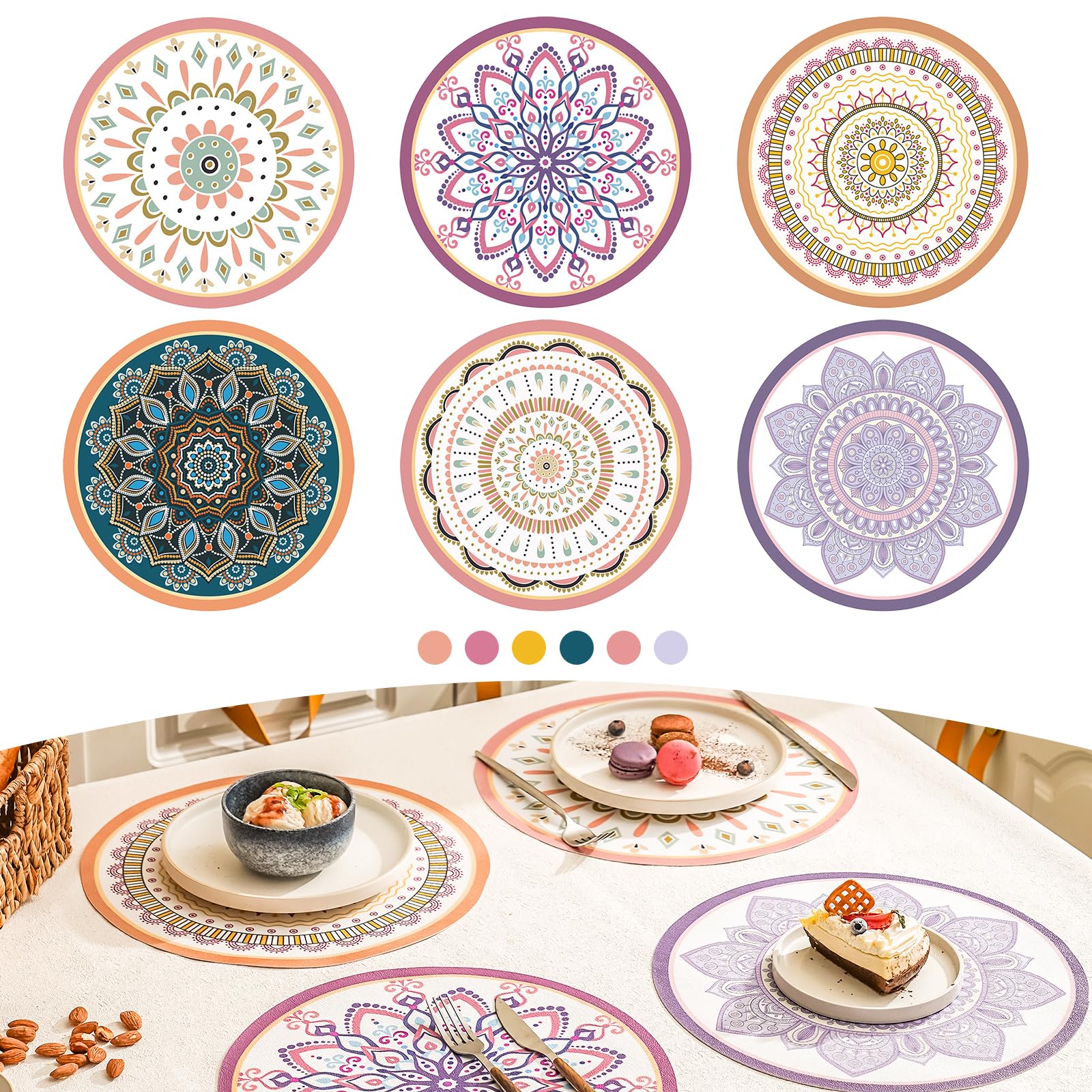 Elistonie Set of 6 Boho Round Placemats Waterproof Textured Vinyl Placemats for Dining Table Heat Resistant Dining Mats Washable Place Mats Mandala Round End Table Mat Bohemian Table Settings (MIX)