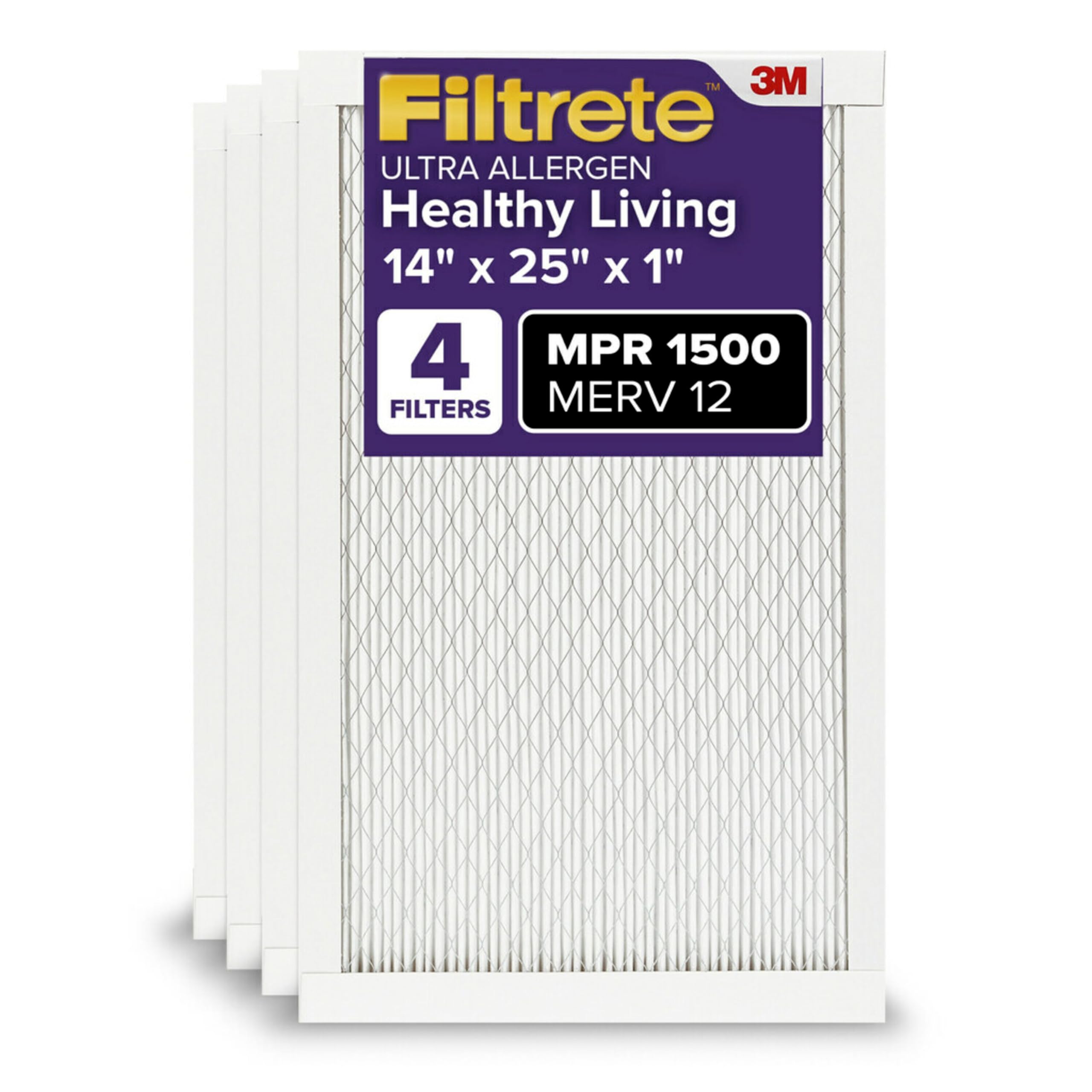 Filtrete 14x25x1 AC Furnace Air Filter, MERV 12, MPR 1500, CERTIFIED asthma & allergy friendly, 3 Month Pleated 1-Inch Electrostatic Air Cleaning Filter, 4-Pack (Actual Size 13.81x24.81x0.78 in) Image Filtrete 14x25x1 AC Furnace Air Filter, MERV 12, MPR 1500, CERTIFIED asthma & allergy friendly, 3 Month Pleated 1-Inch Electrostatic Air Cleaning Filter, 4-Pack (Actual Size 13.81x24.81x0.78 in) Image