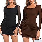 FMNNNN 2 Piece Women's Sexy Ruched Bodycon Mini Dress Mesh Long Sleeve Fall Winter Fashion Clothes 2025
