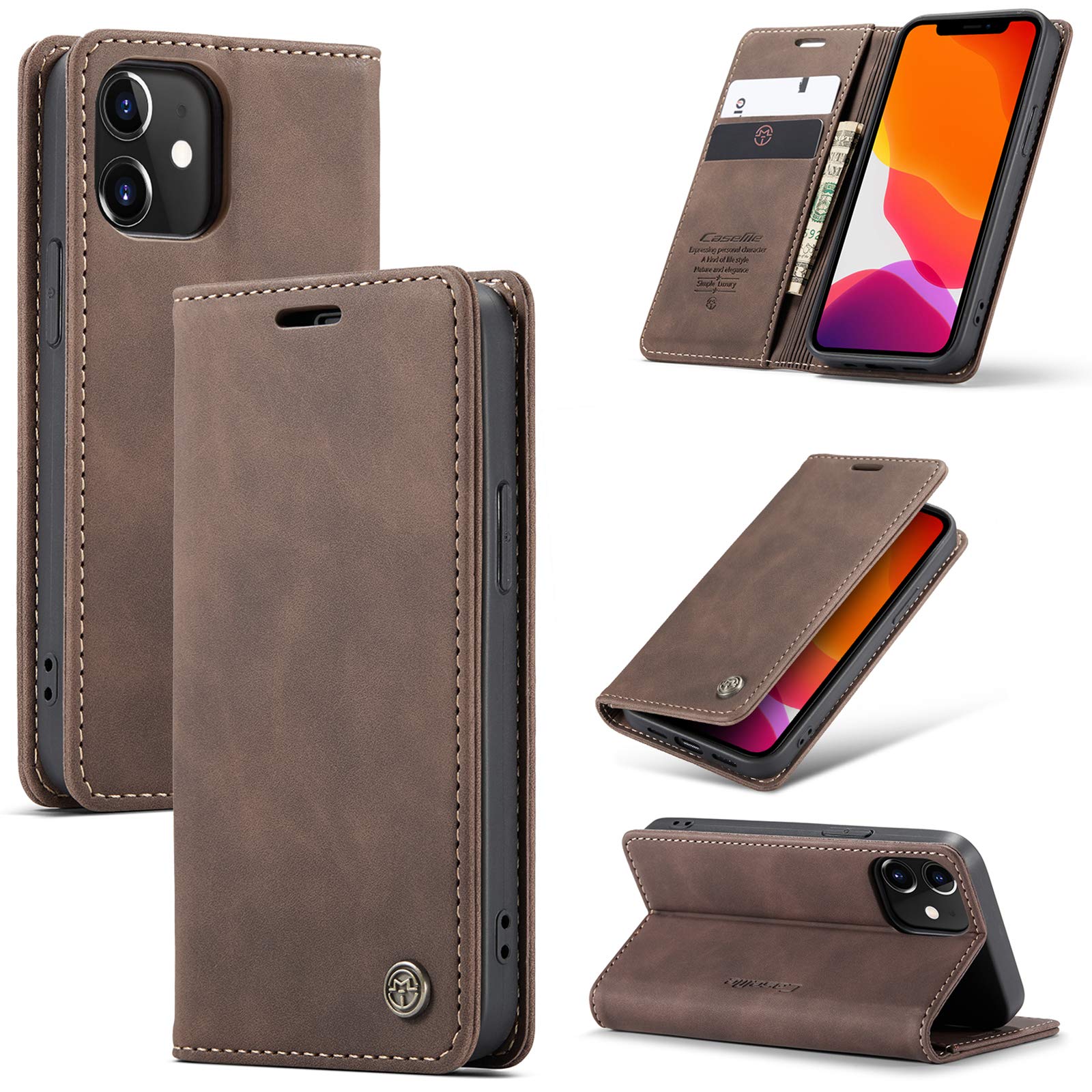 UFinetech Case for iPhone 12, Shockproof Anti-scratch Cover Compatible with iPhone 12 (6.1”), Leather TPU Slim Soft Flip Folio Magnetic Closure Kickstand Card Holder Wallet Camera Protector, Coffee — image 1