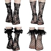 CIATBYYJ 4 Pairs 4 Styles Sheer Lace Socks Women, Loose Black Laces Ruffle Socks Women, Vintage Mesh Cutout Lace Ankle Sock Lacy Sock, for Halloween Costume Accessories or Daily Clothing Accessories