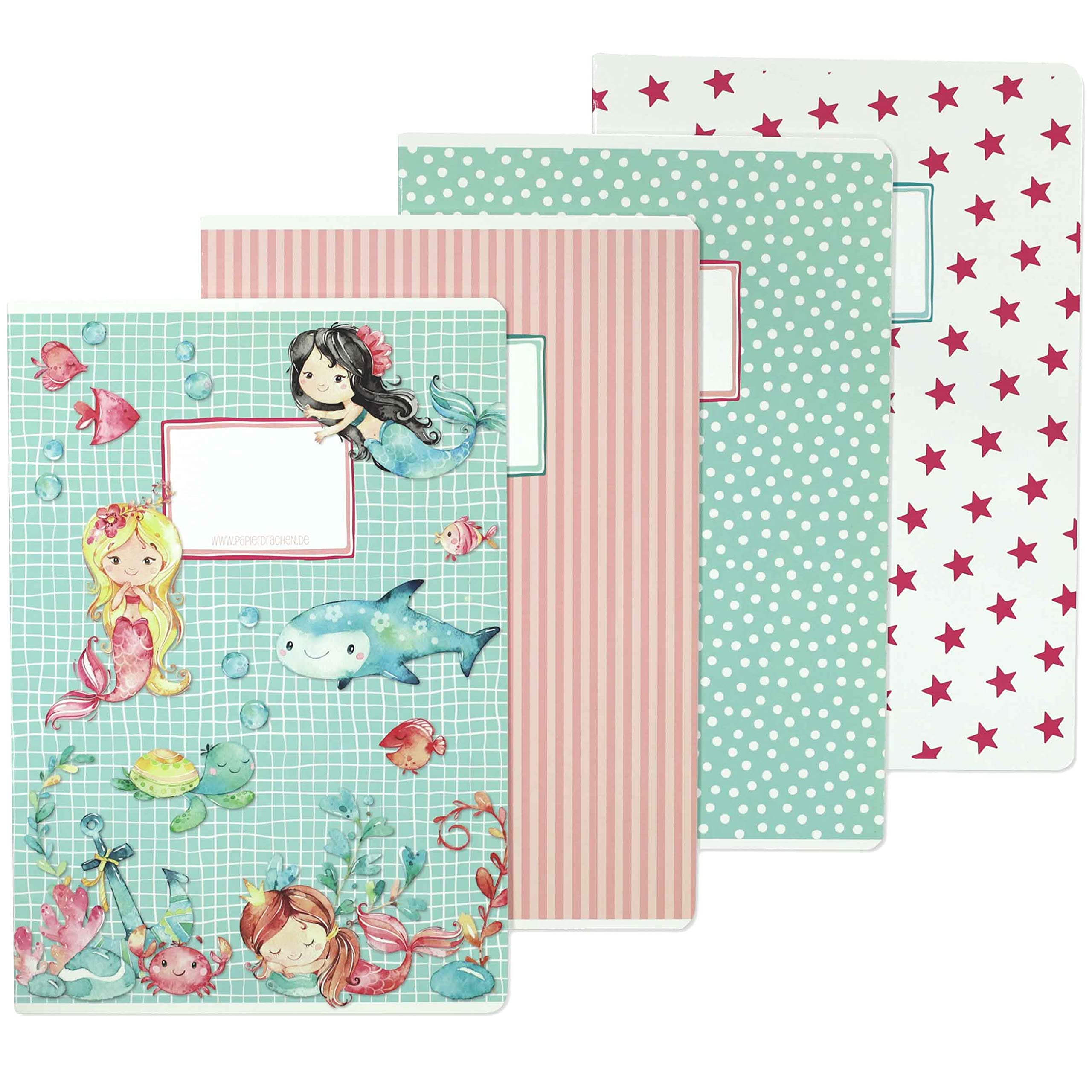 Papierdrachen 4 exercise books for children DIN A4 | lined and squared 32 pages - design mermaid - for the start of school for primary school pupils - set number 1-16 sheets