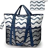 PASMAN Large Beach Bag with Zipper-8 Pockets Sandproof Beach Tote Bag for Women,Foldable Lightweight Family Swim Bag Vacation