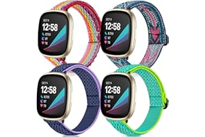 POHNUI 4 Pack Stretchy Bands Compatible with Fitbit Versa 3/Fitbit Versa 4/Fitbit Sense 2/Fitbit Sense Bands Women Men, Adjustable Elastic Breathable Loop Nylon Replacement Straps for Fitbit Sense & Versa 3
