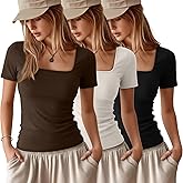 Ficerd 3 Pack Women's Square Neck Shirts, Short Sleeve Slim Fit Tops Scoop Neck Summer Casual Basic T-Shirts Tee