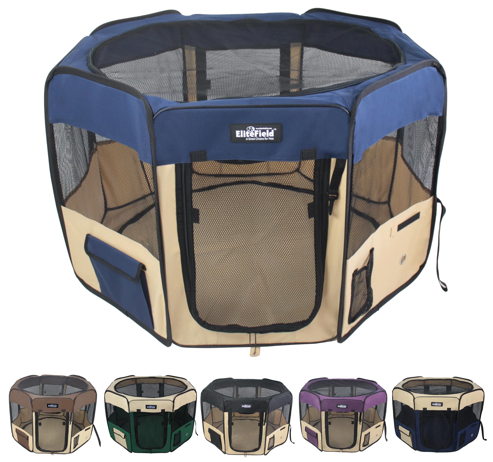 EliteField 2-Door Soft Pet Playpen (2 Year Warranty), Exercise Pen, Multiple Sizes and Colors Available for Dogs, Cats and Other Pets (42" x 42" x 24"H, Navy Blue+Beige)
