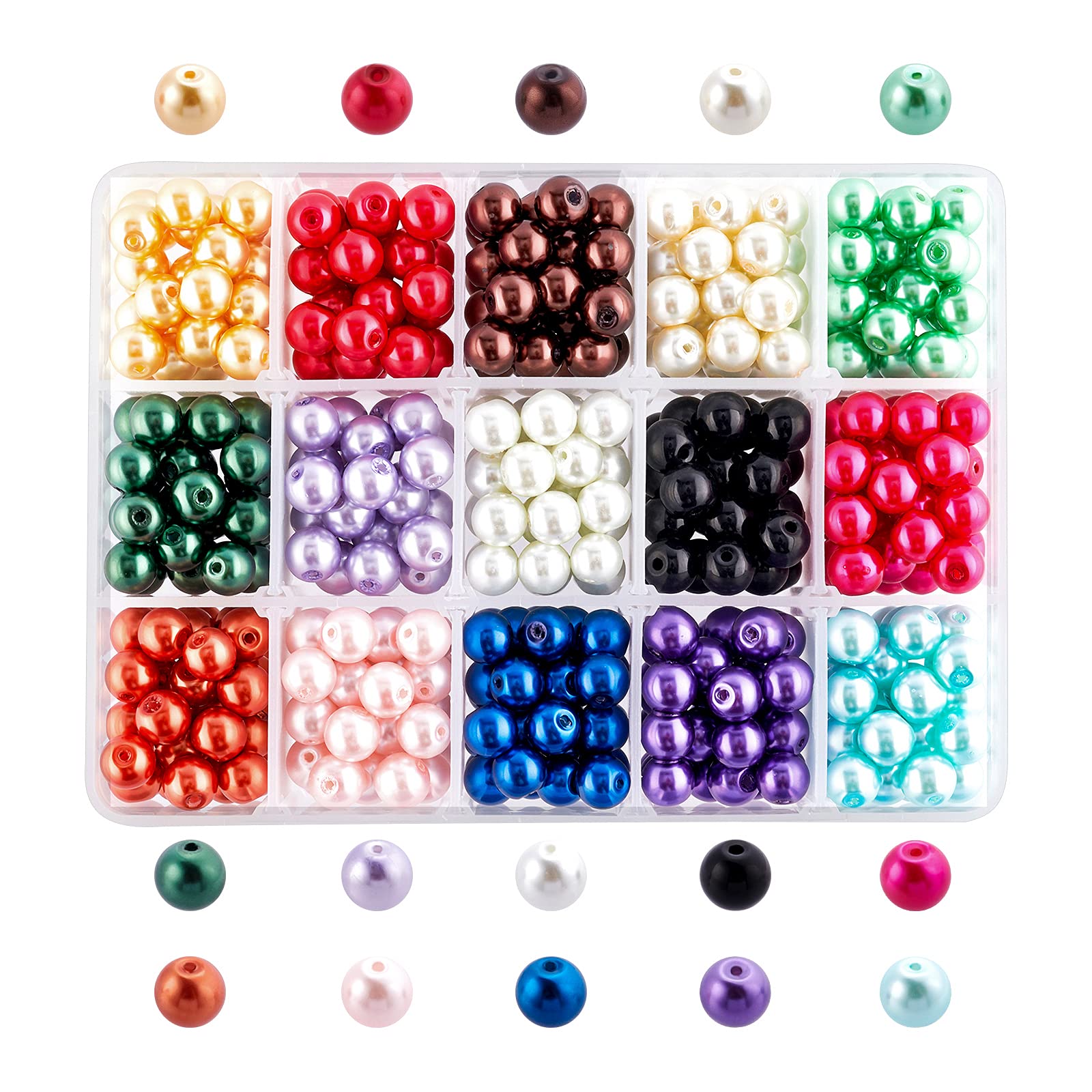 PH PandaHall 460pcs 15 Colours Glass Pearl Beads, 8mm Pearl Balls Round Pearlized Loose Imitation Pearls Craft Beads for Bracelet Earring Necklace Jewellery Making Christmas Festival DIY Craft