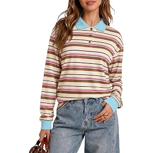 Tankaneo Womens Striped Long Sleeve Polo Shirts Casual Oversized Tops | Y2K, Rugby, Streetwear, Loose fit, Color block, Pullo