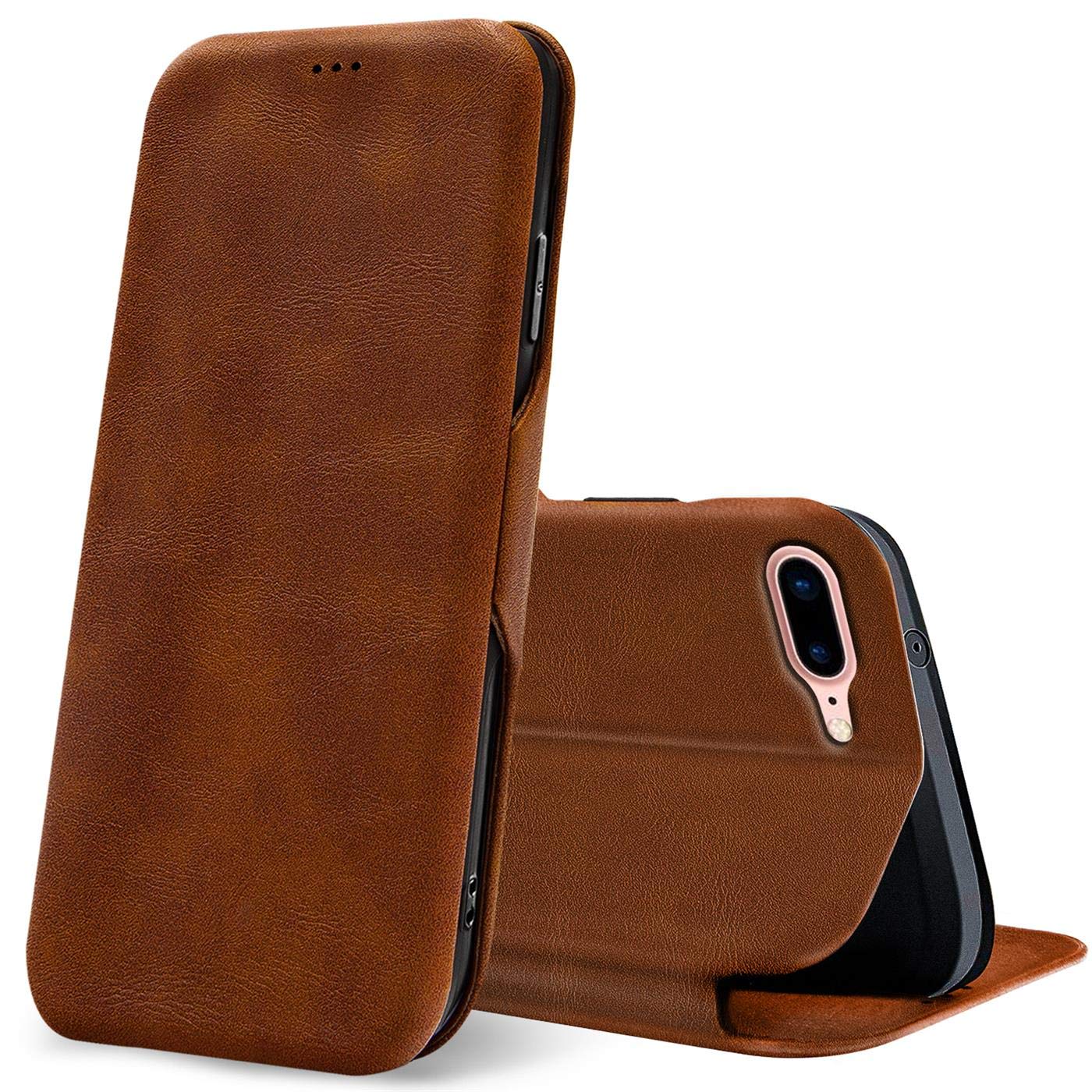 Verco Book Style for iPhone 8 Plus Case, iPhone 7 Plus Case Premium Magnetic Flip Cover for Apple iPhone 7 Plus / 8 Plus Wallet Case with Card Slot [5.5 inch, Brown