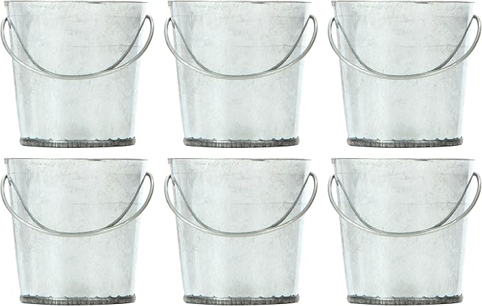 Hosley Set of 6 Mini Galvanized Buckets 2.25 Inches High Ideal for Do it Yourself Craft and Floral Projects Party Favors Festivities Weddings O4
