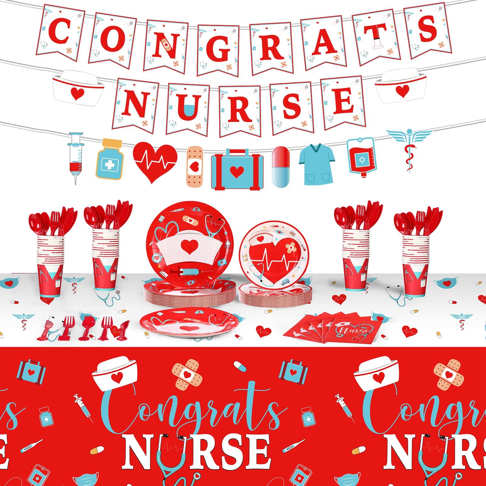Photo 1 of Zubebe 173 Pcs Nurse Graduation Party Supplies 2025 Serve 24 Guests Congrats Nurse Banner Dinner Dessert Plates Cups Napkins Tablecloth Medical Birthday Party Tableware Set for Rn Doctor Graduation