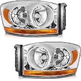 WEELMOTO Chrome Headlights with Amber Bottom for 2006-2008 Ram 1500-3500 | Fits 2006-2008 Dodge Ram 1500/2500/3500 Only. Chrome Housing with Amber Bottom Light. Left+Right Side, Plug-and-Play