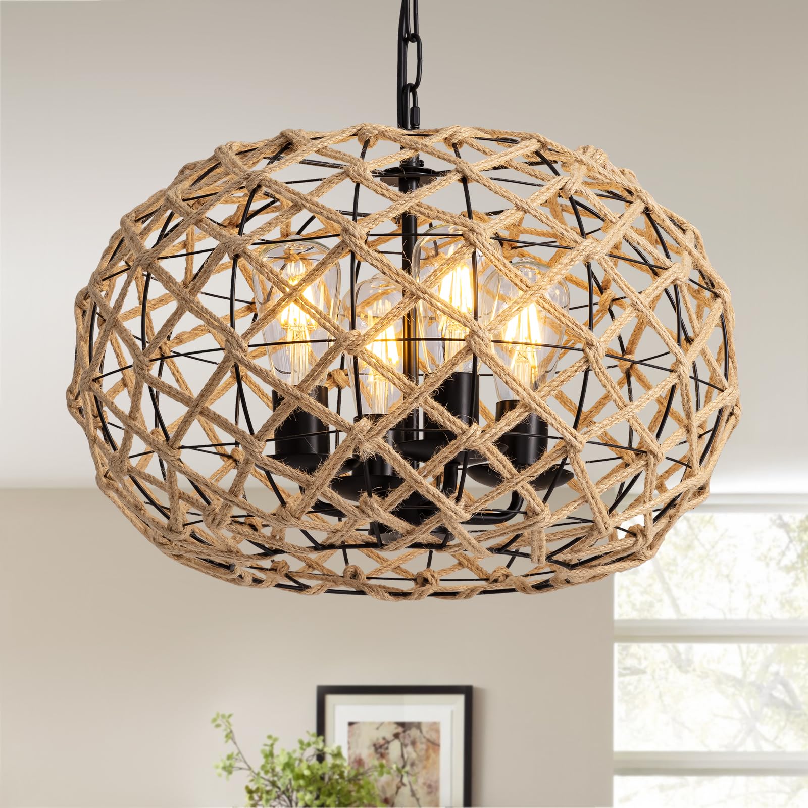 Photo 1 of 19" Rattan Farmhouse Chandelier Light Fixtures,4-Light Boho Rattan Chandelier for Dining Room Large Hand Woven Pendant Light Hanging Light Fixtures with Fabric Shade for Living Room Bedroom Kitchen