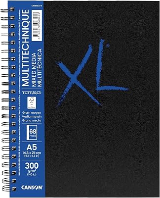 XL Art Book, Papel Multitécnica, Grano Medio, 300gsm, Cuaderno Espiral, A5-14,8x21cm, Blanco, 34 hojas