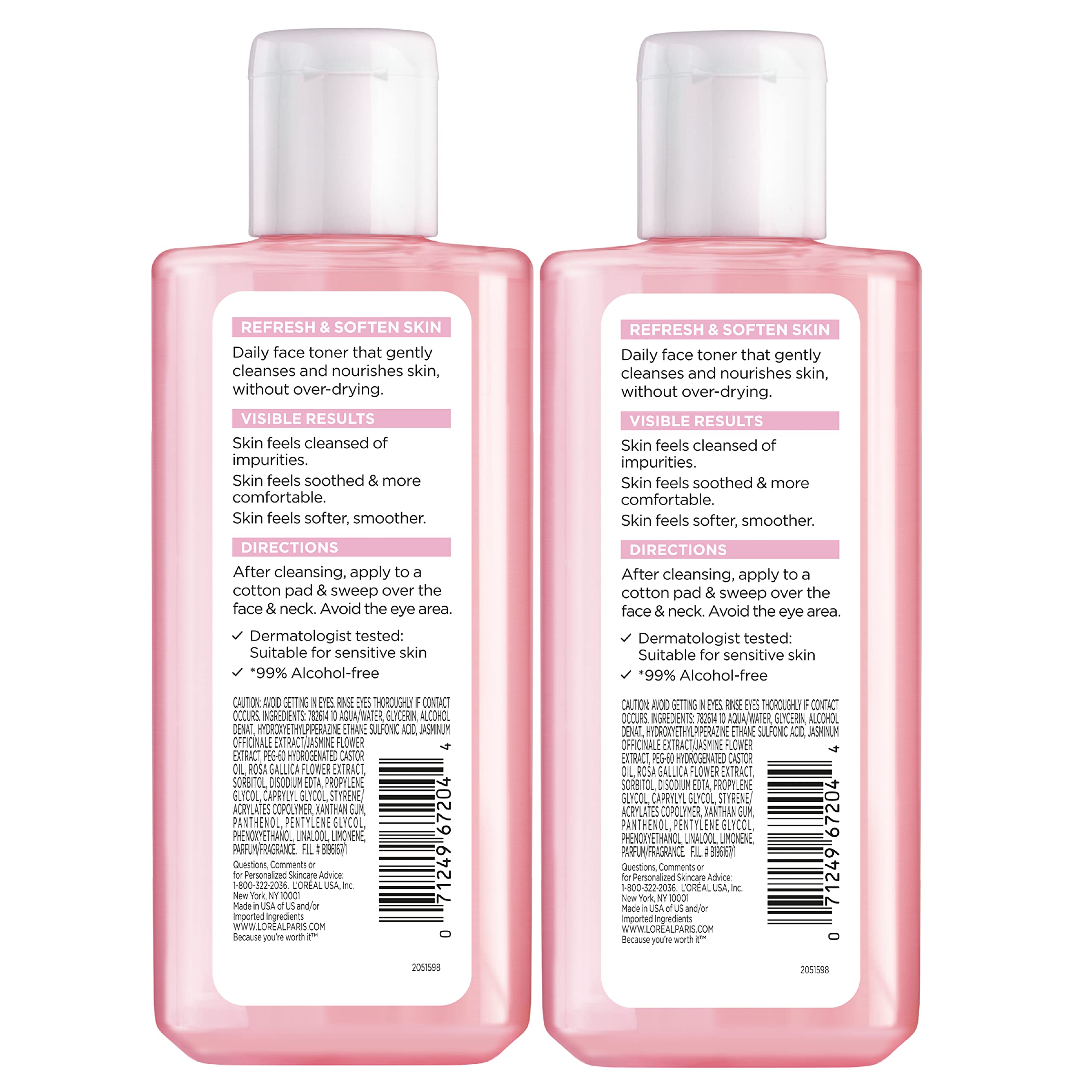 L'Oreal Paris Skincare HydraFresh Toner Face Toner with Pro-Vitamin B5 for a Smoother, Brighter Complexion, 2 Count