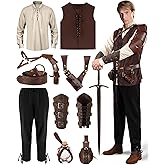 Silicherry 10 Pcs Men Renaissance Costume Set Medieval Pirate Shirt Vest Retro Pant Belt Pouch Shoulder Armor for Cosplay