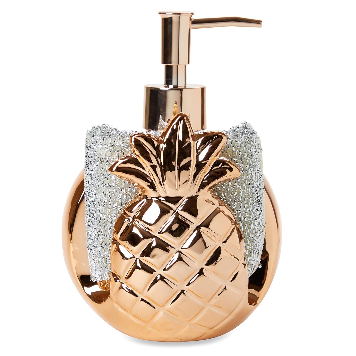 Tri-Coastal Design Decorative 2-in-1 Ceramic Pineapple Shaped Kitchen Bathroom Sink Countertop Space-Saver Refillable Soap Pump Dispenser and Sponge Caddy Holder