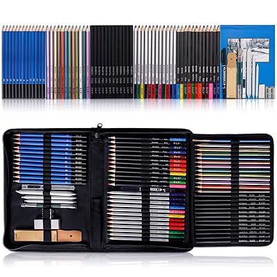 K Kwokker 72Pcs Drawing Sketch Pencils 5 Types Charcoal/Graphite/Watercolor/Metallic/Colored Pencil for Sketching Painting Coloring w/Blender Stumps, Eraser, School Supply Professional Marker Kit