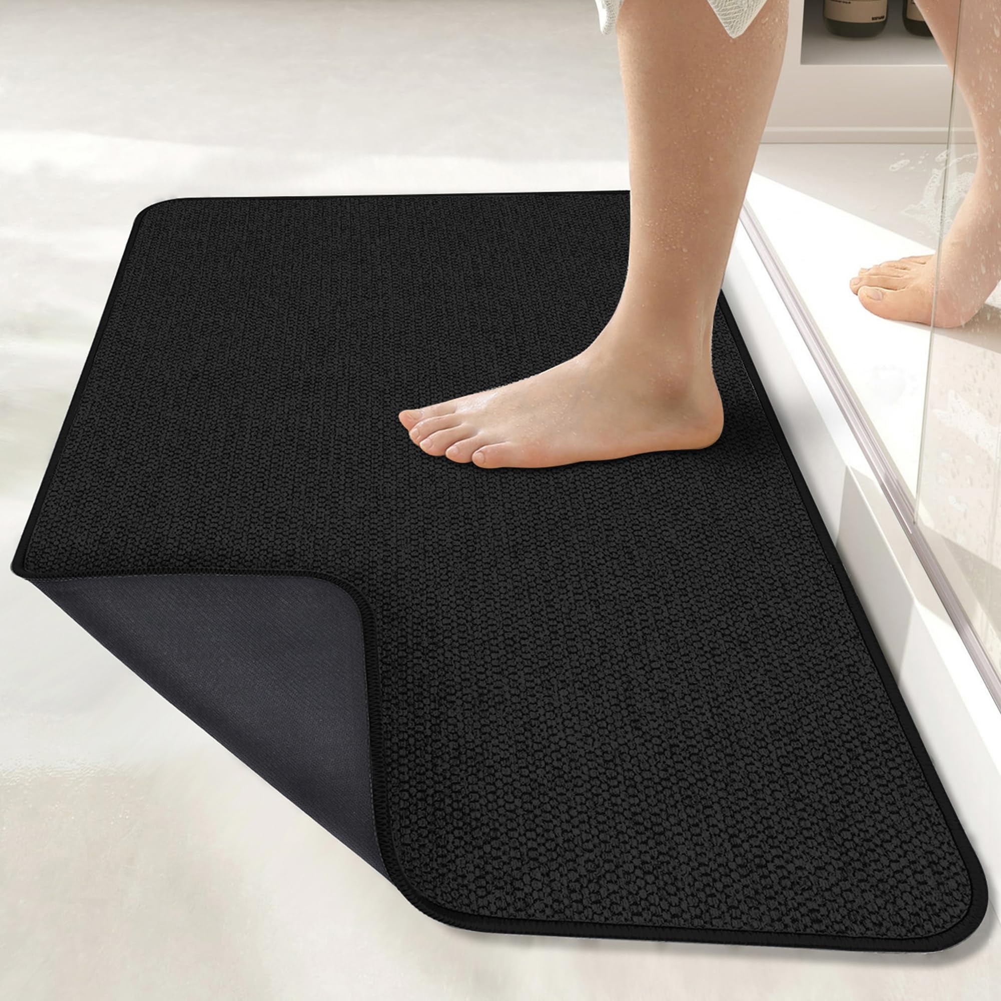 Photo 1 of Bath Mat,Ultra Thin Bathroom Runner Rugs,Large Bath Mats for Bathroom,Quick Dry,Non-Slip,Machine Washable,Low Pile,Bath Rug,Shower Outside,Sink,Home Decor Accessories.Black,2'x3'(24x36inch)
