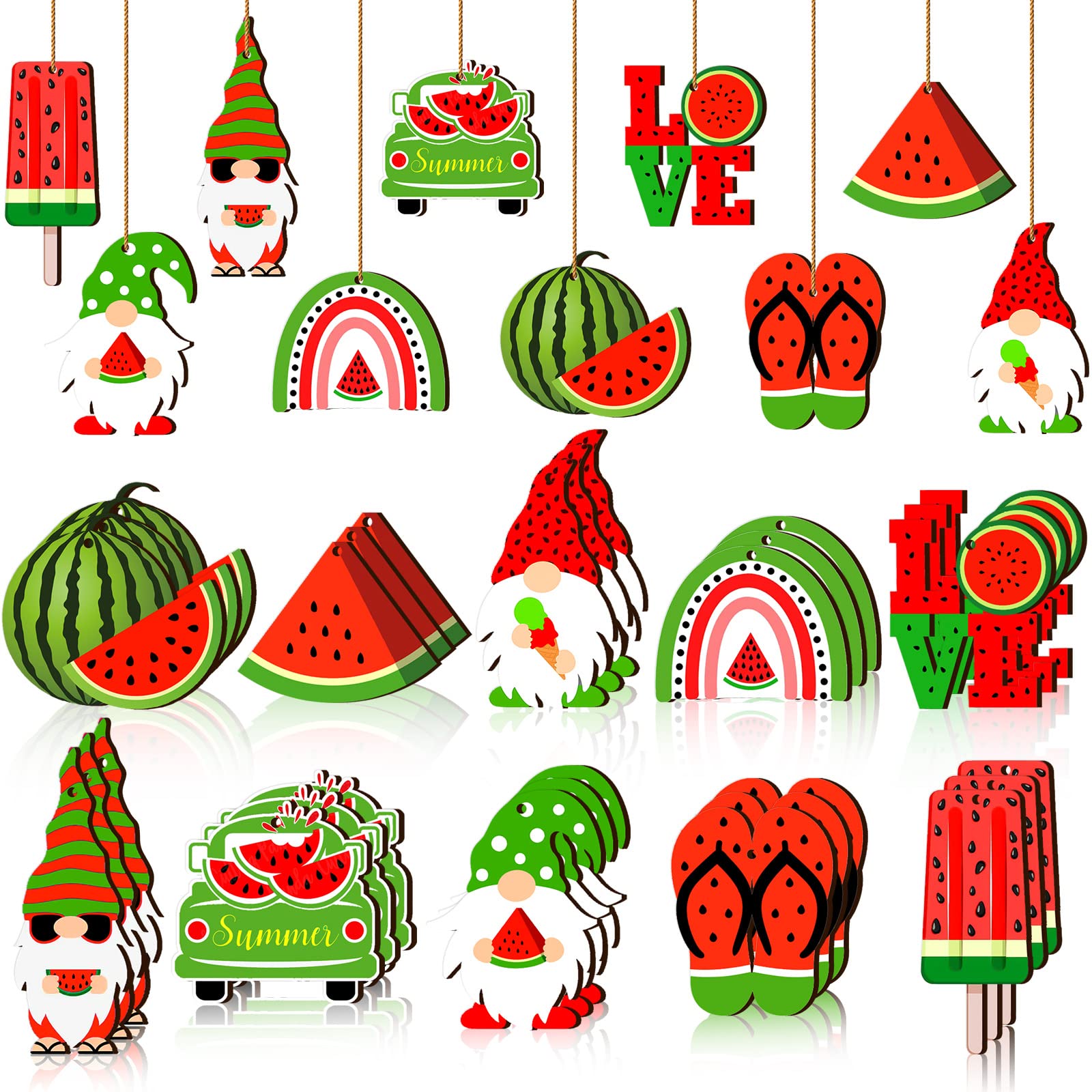 Photo 1 of 30 Pcs Summer Tree Ornaments Wood Gnomes Hanging Ornaments Fruit Wood Decor with String Tree Decorations for Home Hawaiian Holiday Party Table Decoration(Watermelon Style)