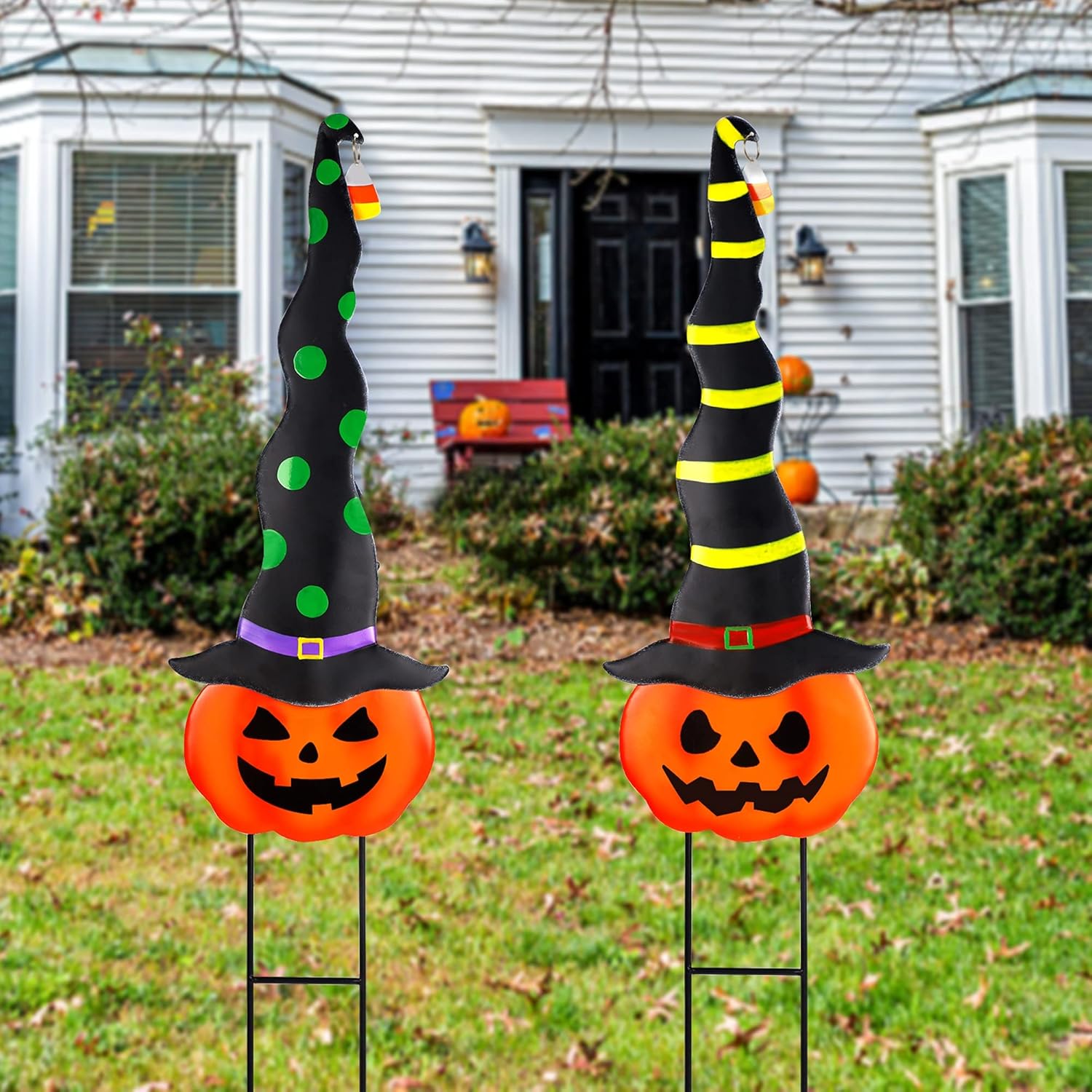Decorative Garden Stakes - MAGGIFT 2 Pack Halloween Garden Decorations, Metal Jack-O-Lantern Stakes with Witch Hats, Scary Yard Sign Outdoor Lawn Decor, Metal Pumpkin Art Halloween Stake, Halloween Garden Sculpture Ornament