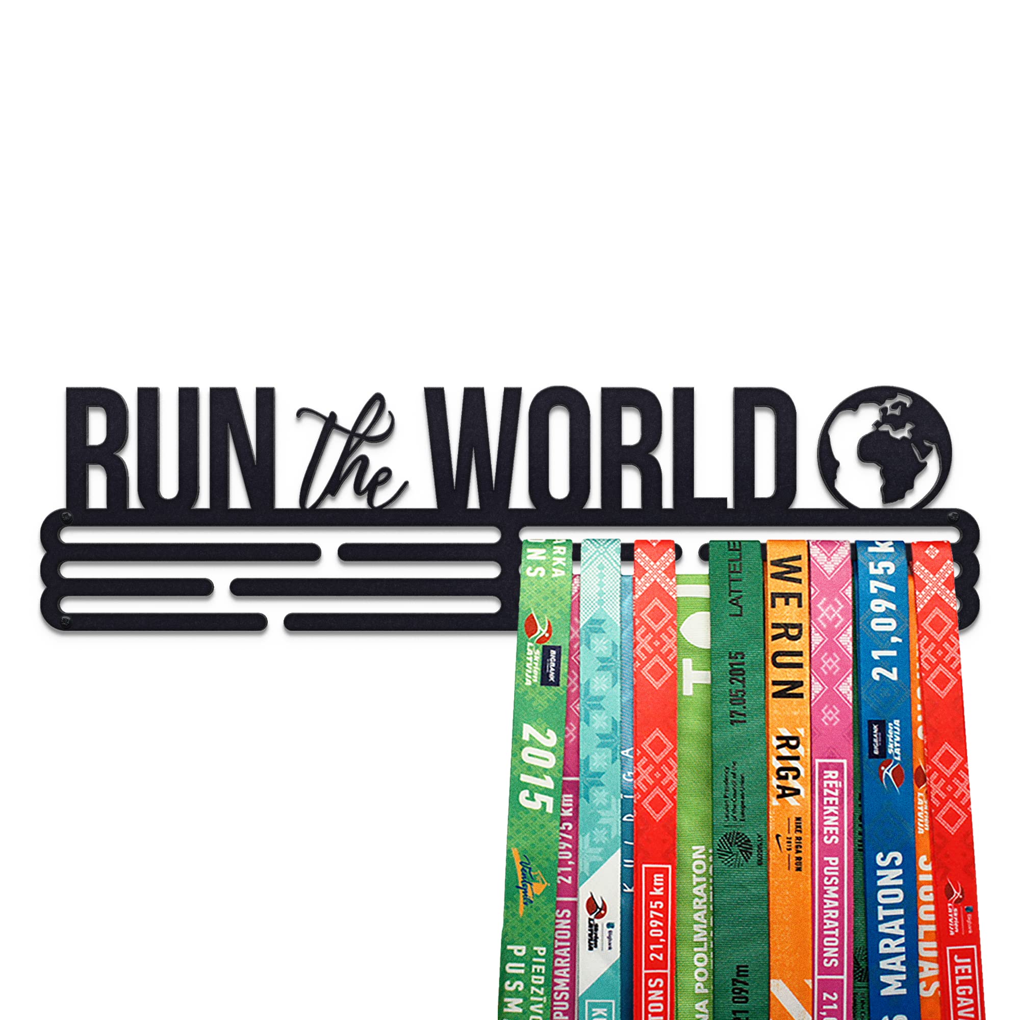 United Medals RUN THE WORLD Sport Medal Hanger Display | Matte Black Steel Medal holder | Awards display rack for up to 48 medals