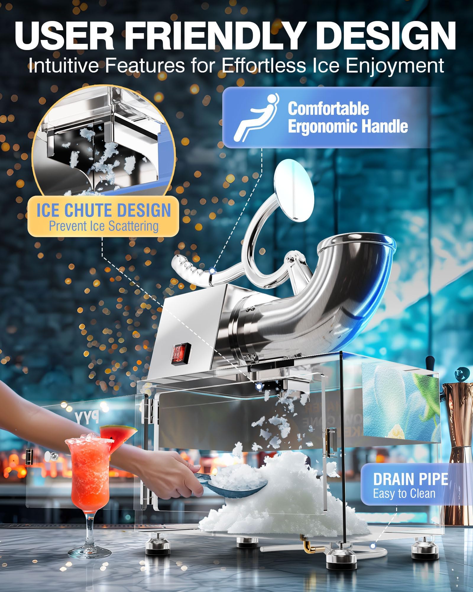 PYY Snow Cone Machine - Commercial Ice Crusher Shaver, Electric Crushed Shaved Snowcone Maker, 440LBS/H 1400RPM All-Copper Motor, Stainless Steel Full Body, Dual Blades, Acrylic Box and Drain Pipe