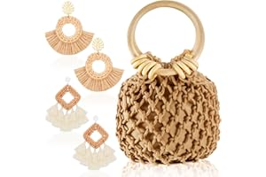 Sweetude Mini Clutch Tote Handbag 2 Pairs Rattan Earrings for Women Crossbody Bag Bohemian Woven Clutch Bucket Handbag
