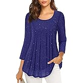 VALOLIA Women's 3/4 Sleeve Tunic Tops Casual Loose Fit Floral Blouses Mesh Pleated Layered Shirt