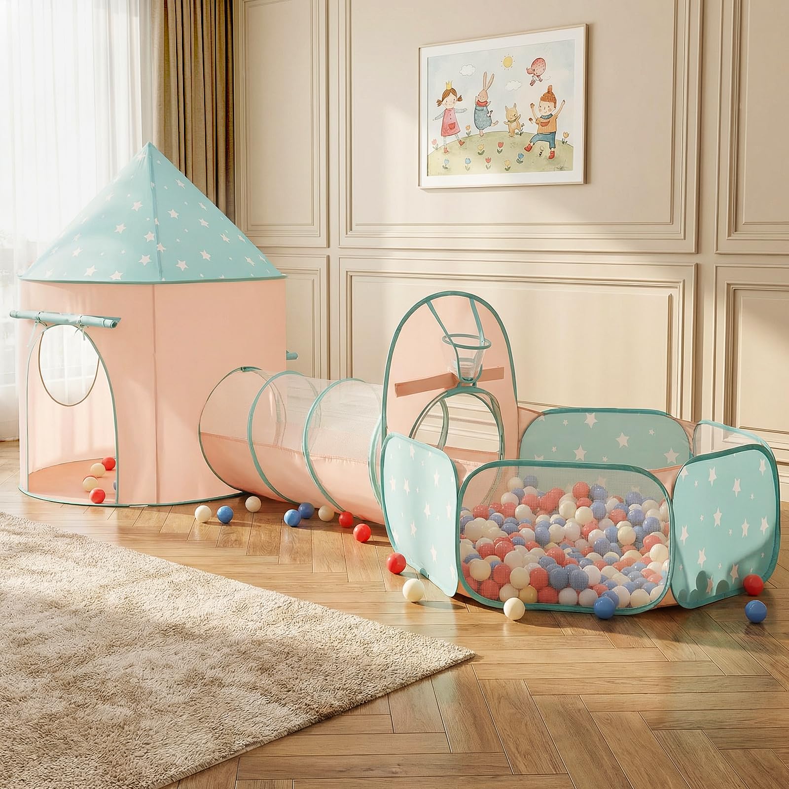 SISTICKER Kids Play Tents with Tunnel: 3 in 1 Pop Up Tunnel Tents with Ball Pit for Todders with Storage Bag(Excluding Balls) - Baby Playhouse Fort Indoor Birthday Toys(Orange Green) — image 1