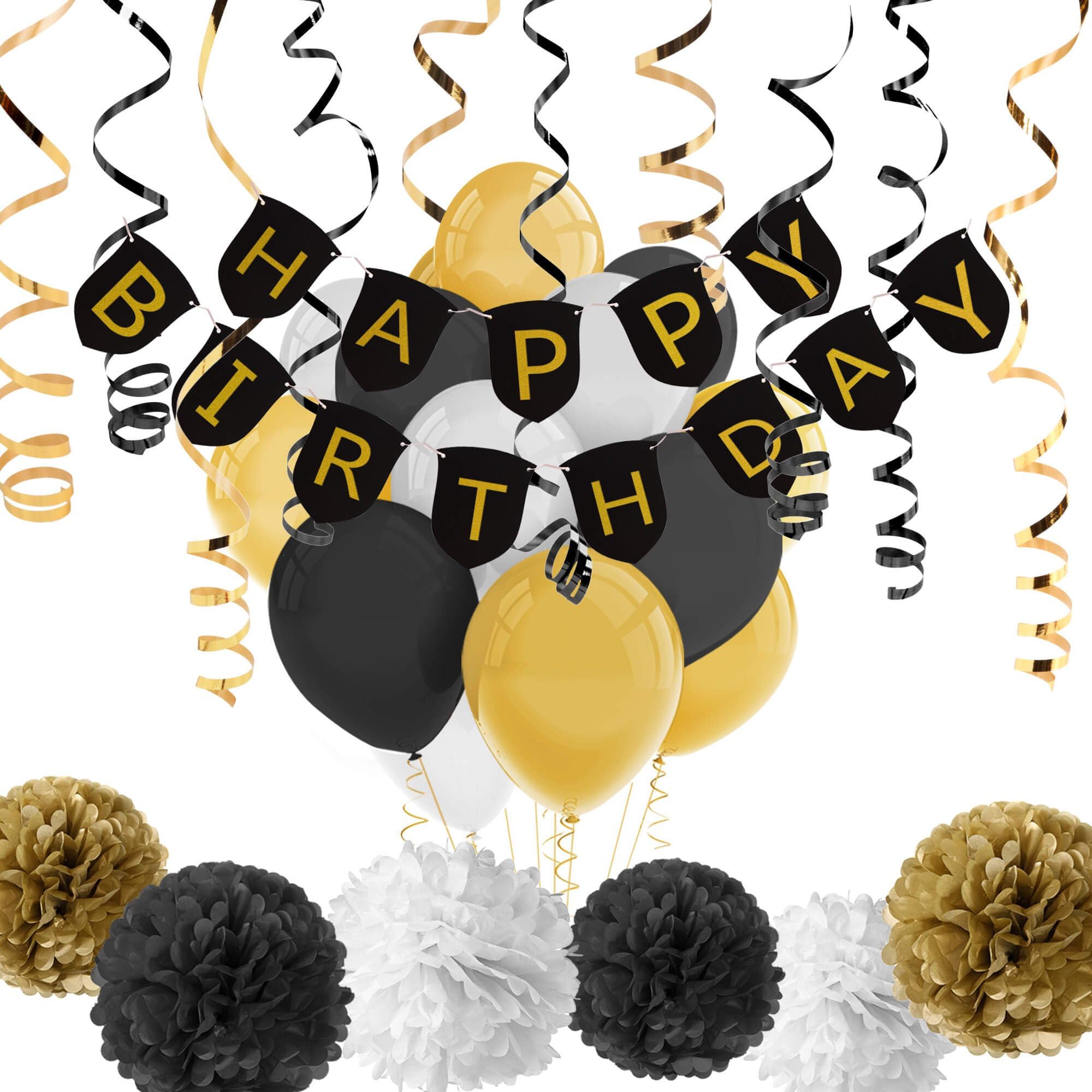 Cerixo Black and Gold Party Decorations with Happy Birthday Banner Balloons for 18th, 30th, 40th, 50th, 60th, 70th, 80th Birthday