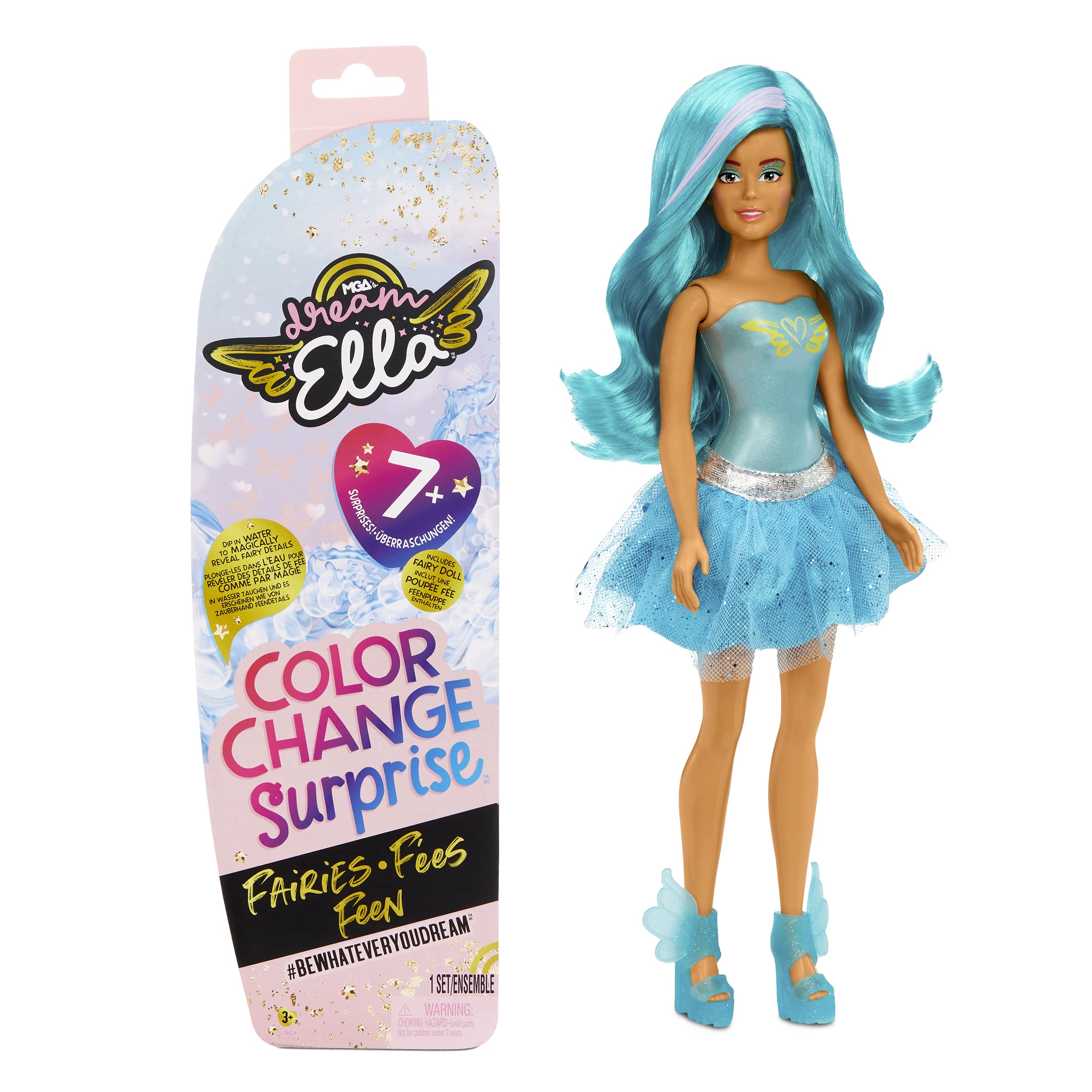 MGA’s Dream Ella Colour Change Surprise Fairies - Collectable Toy for Kids - Unbox a 29cm Doll & 7 Plus Surprises - Includes Wig, Skirt, Boots & More - For Toddlers Ages 3 Years Plus - Ella, Teal