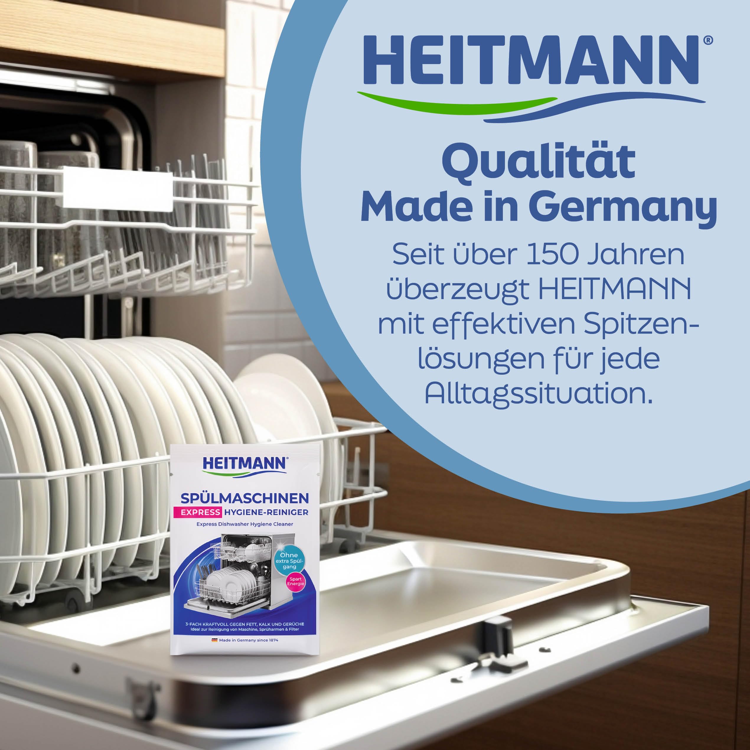 HEITMANN Express Spülmaschinenreiniger | Dreifach-aktiv gegen Fett, Kalk & Gerüche | Maschinenreiniger für Geschirrspüler – wirkt im Kurzprogramm | Für Sprüharme, Filter & Innenraum | 30 g 6