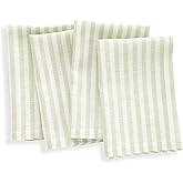 Solino Home Linen Cloth Napkins Set of 4-100% Pure Linen Sage and White Striped Dinner Napkins 20 x 20 Inch for Spring, Easter, St Patricks Day - Amalfi Stripe, Handcrafted and Machine Washable