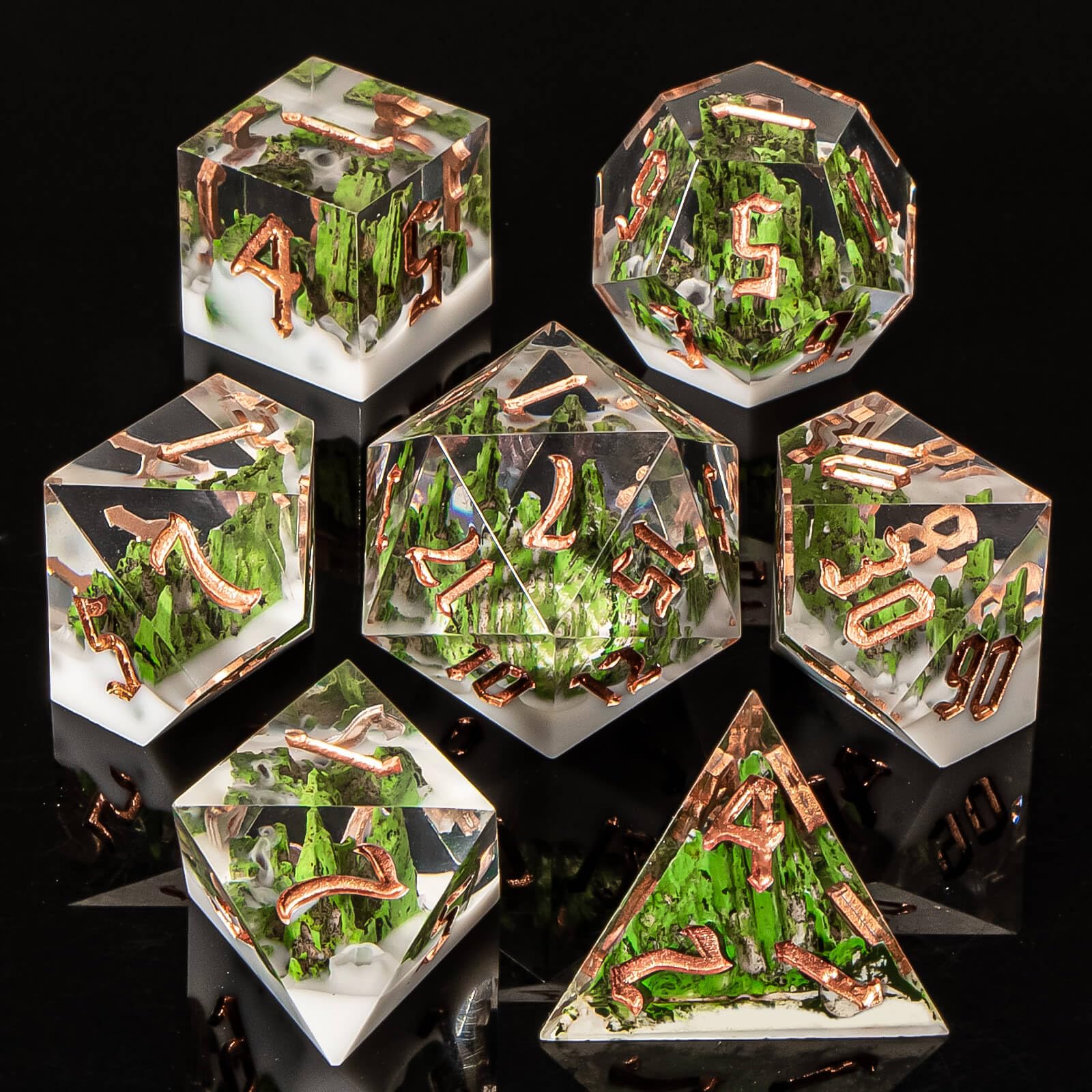 KERWELLSI DND Dice Set D&D, 7pcs Sharp Edge Resin D and D Dice with Gift Box, Nature Forest Mountain Dungeon Dragon Role Playing Dice D20 D12 D10 D8 D6 D4