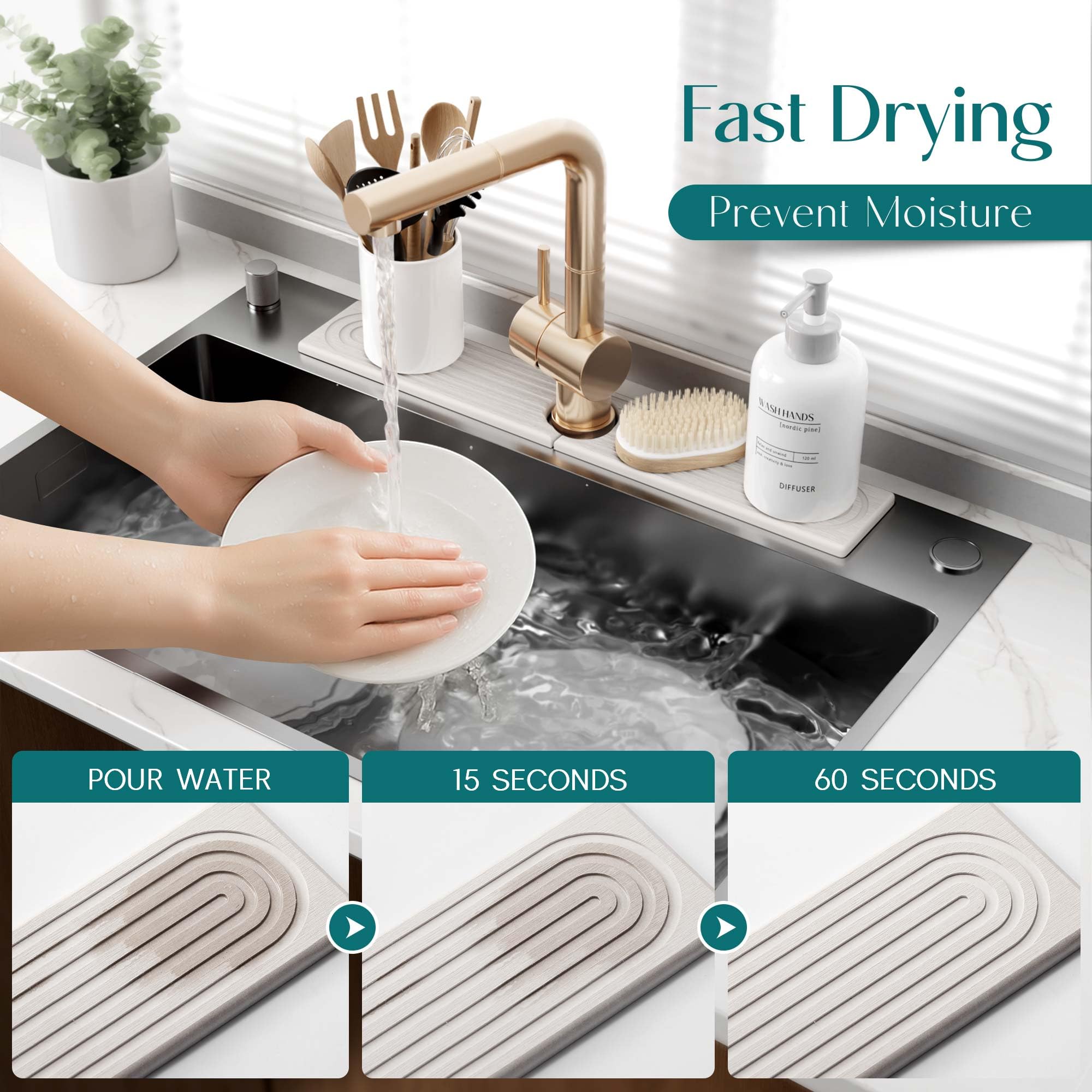 Faucet Mat for Kitchen Sink – Diatomite Drying Stone Mat & Sink Protector, Prevent Moisture – Sink Splash Guard Water-Absorbing Stone Tray for Bathroom Counter [Light Grey,23.6