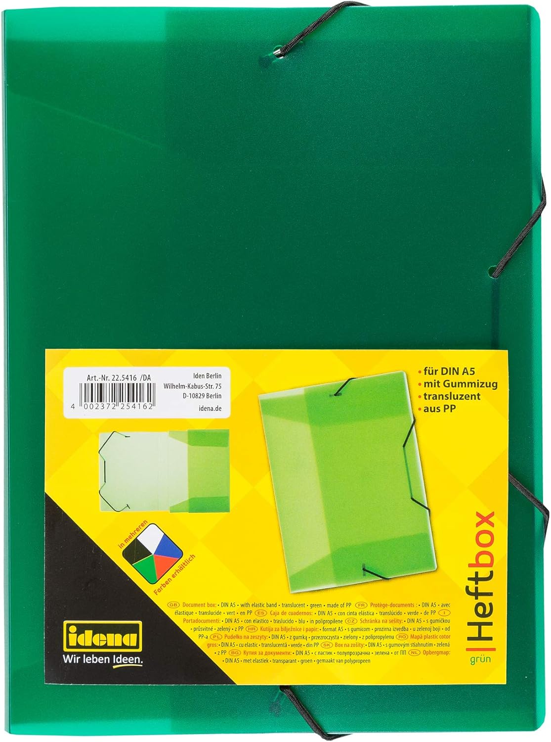 Idena 225416 - Heftbox für DIN A5 mit Gummizug, aus PP, Füllhöhe 3,5 cm, transluzent apfelgrün, 1 Stück