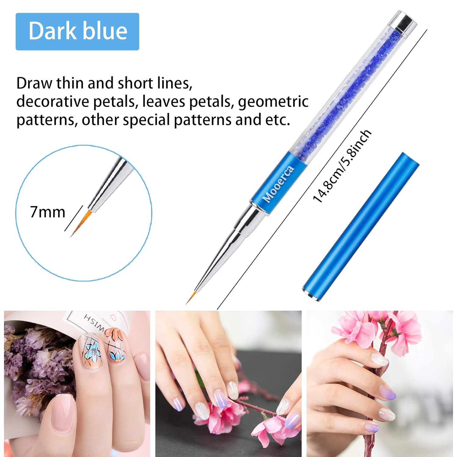 Nail Art Liner Brushes UV Gel Painting Acrylic Nail Design Nylon Brush Pen Set Metal Diamond application Rhinestone Handle Salon, Nail Dotting Painting Drawing Crystal PenSize 5/7/9/11/20mm, 5Pcs : Beauty