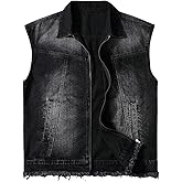 OYOANGLE Men's Zip Up Sleeveless Denim Jacket Frayed Raw Hem Vintage Washed Jean Jackets Streetwear