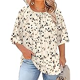 LOMON Womens Plus Size Tops Summer 3/4 Length Sleeve Crewneck Blouses Dressy Casual Loose Curvy Flowy Tunic Shirts 1X-5X