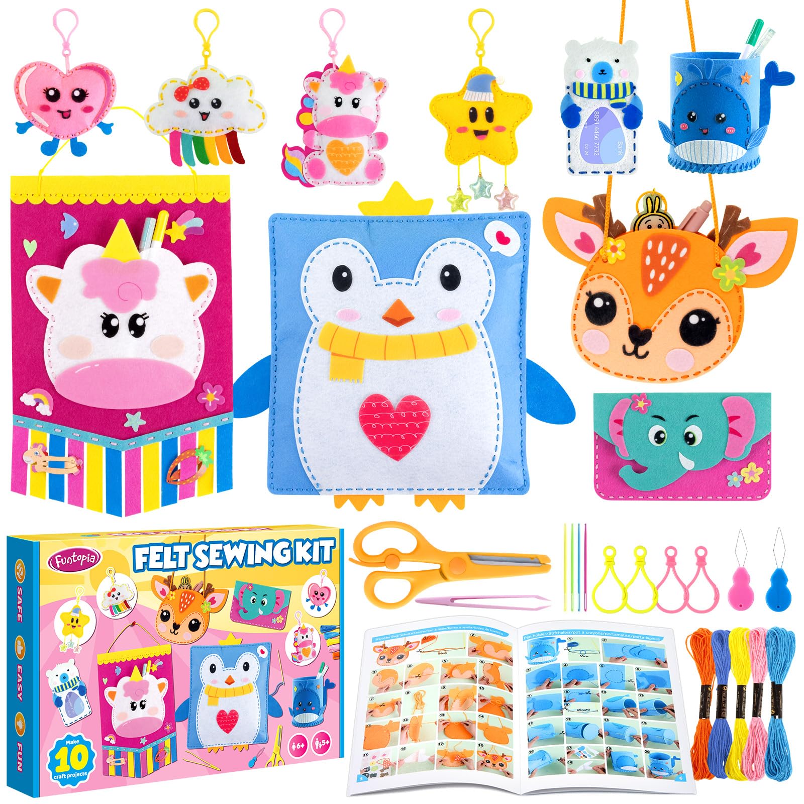 Craft Kits For Kids Ages 4-7 8-12, 10 Easy DIY Sewing Kit For Kids Children With Tutorial,Tools, Pillow, Hanging Organizer, Bag, Pen And Card Holder,Beginner Sewing Toys And Birthday Gift For Girls