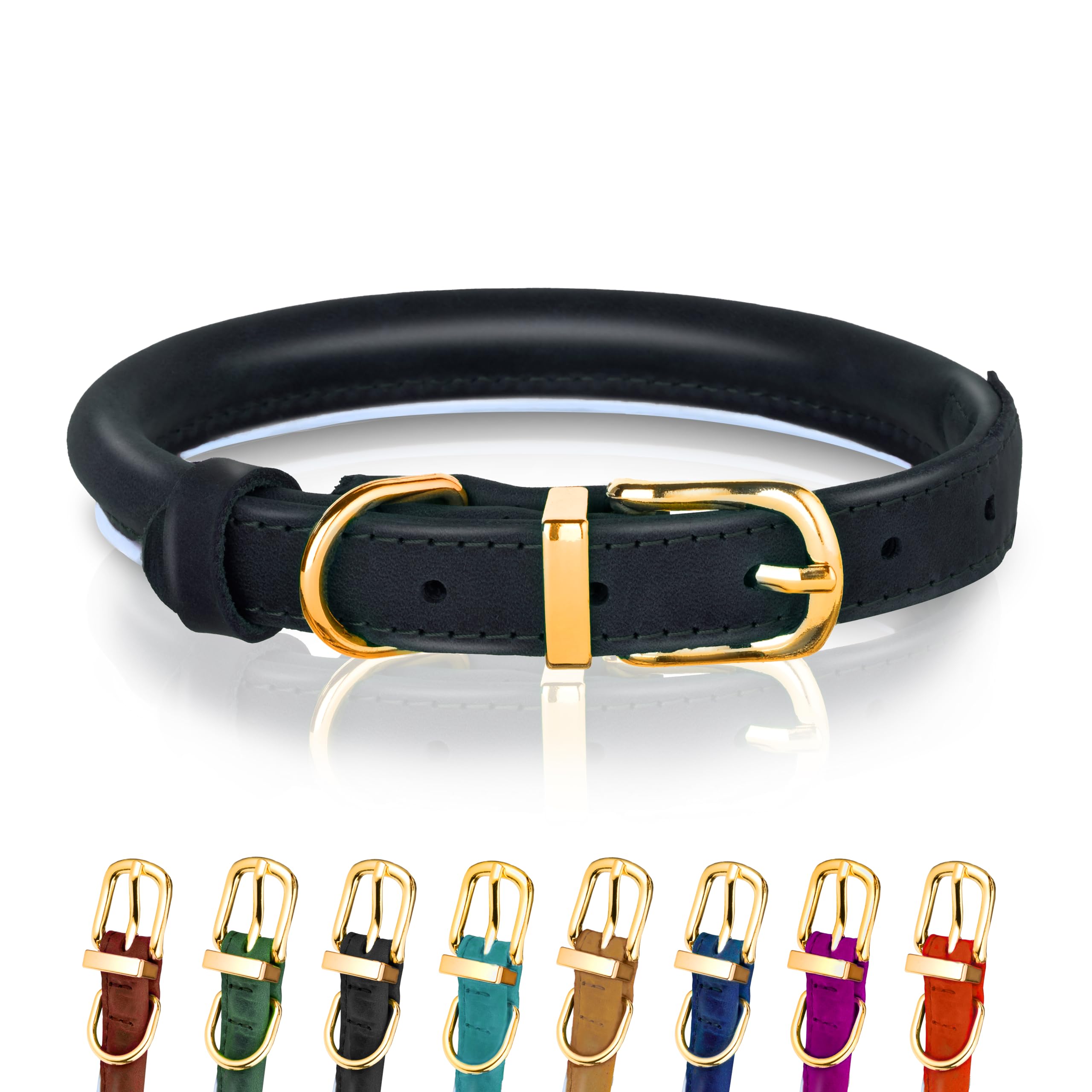 OOPSDOGGY Reflective Rolled Leather Dog Collar for Small Medium Large Dogs Puppy, 8 Colors, 7 Sizes (Black, XS, 8"-11")