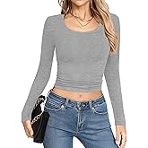 Laughido Women's Scoop Neck Long Sleeve Ribbed Knit Fleece Slim Fit Casual Basic T Shirt Crop Top 2025 Trendy Y2k Outfits