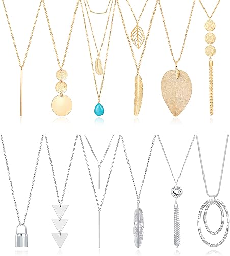 Amazon Fecsiory ロングペンダントネックレス レディース 12個 ゴールドバー フェザー 三角形 リーフロック タッセル Yネックレス ジュエリーセット ゴールド ネックレス 通販