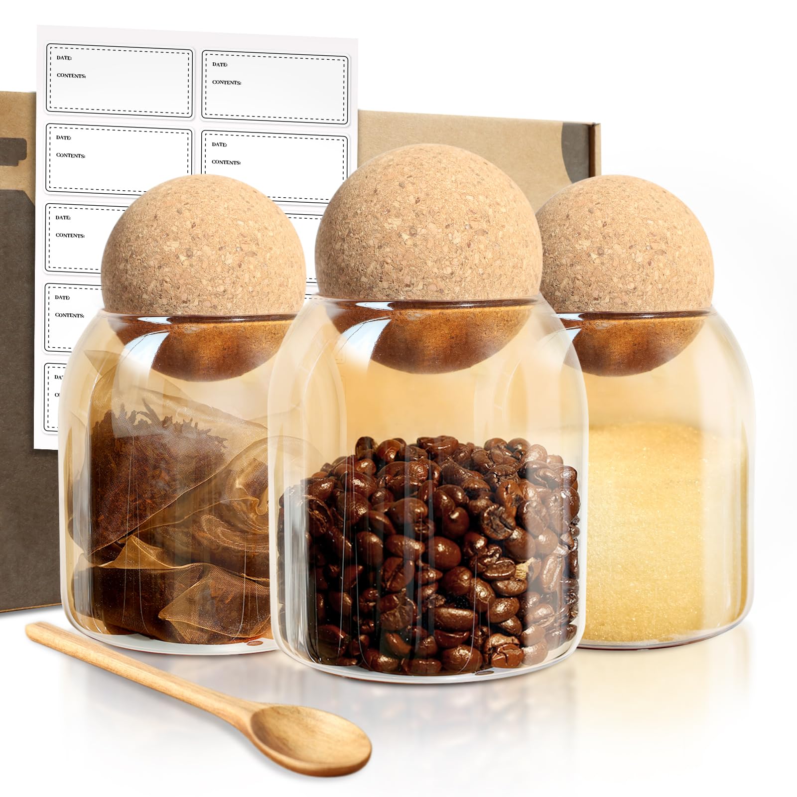 ceelatti Tea Coffee Sugar Canisters Set of 3, 500ML Glass Jars with Cork Ball Lids and Wood Spoons, Storage Jars with 10 Blank Labels for Spice Bath Salt Coffee Bean Candy DIY Decor Organiser, Amber